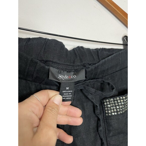 Style co Women's Medium Black Linen Elastic Waist Pants Rhinestone Pockets - Picture 5 of 7